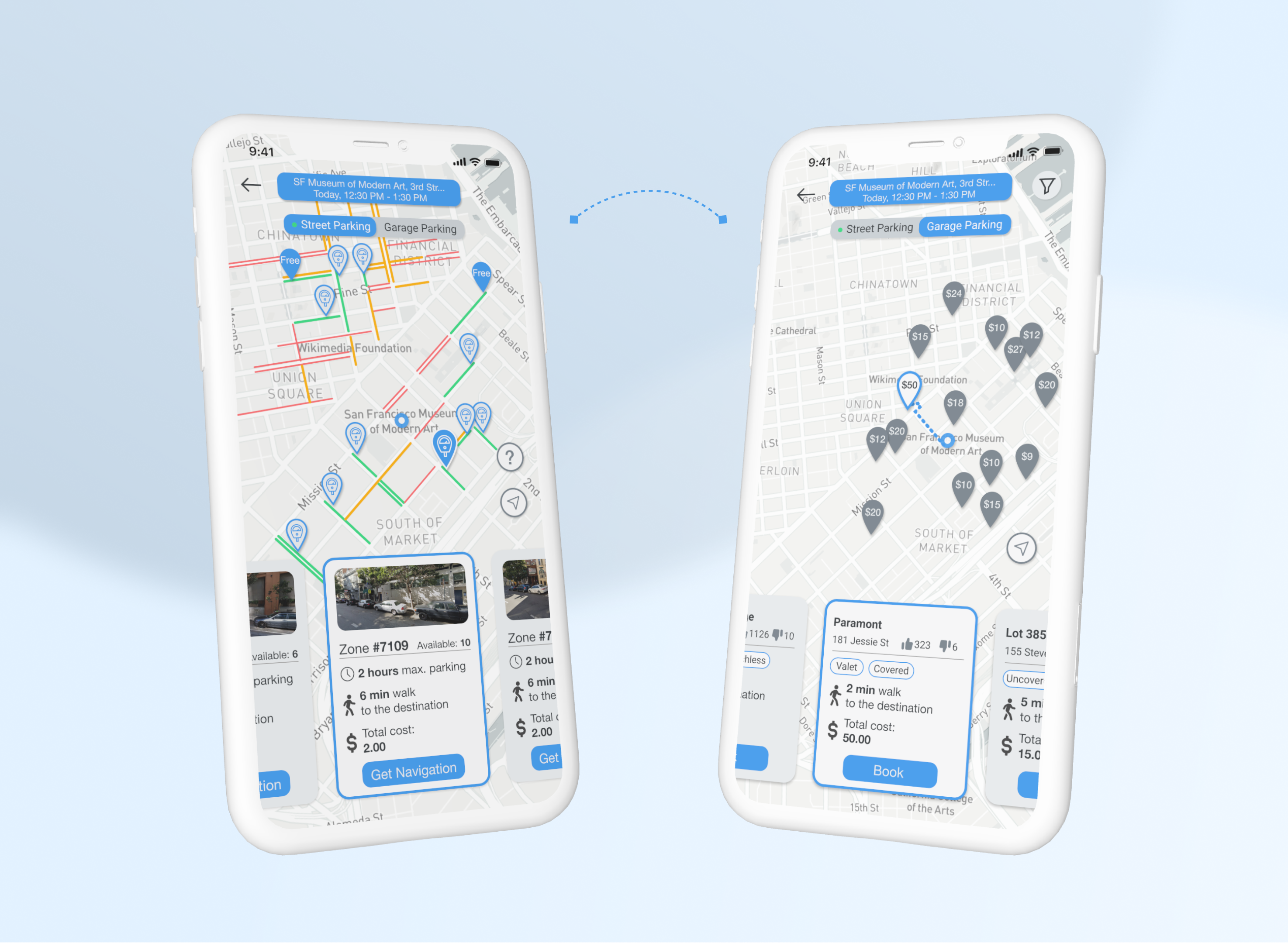 Final Parc map screens comparing street and garage parking